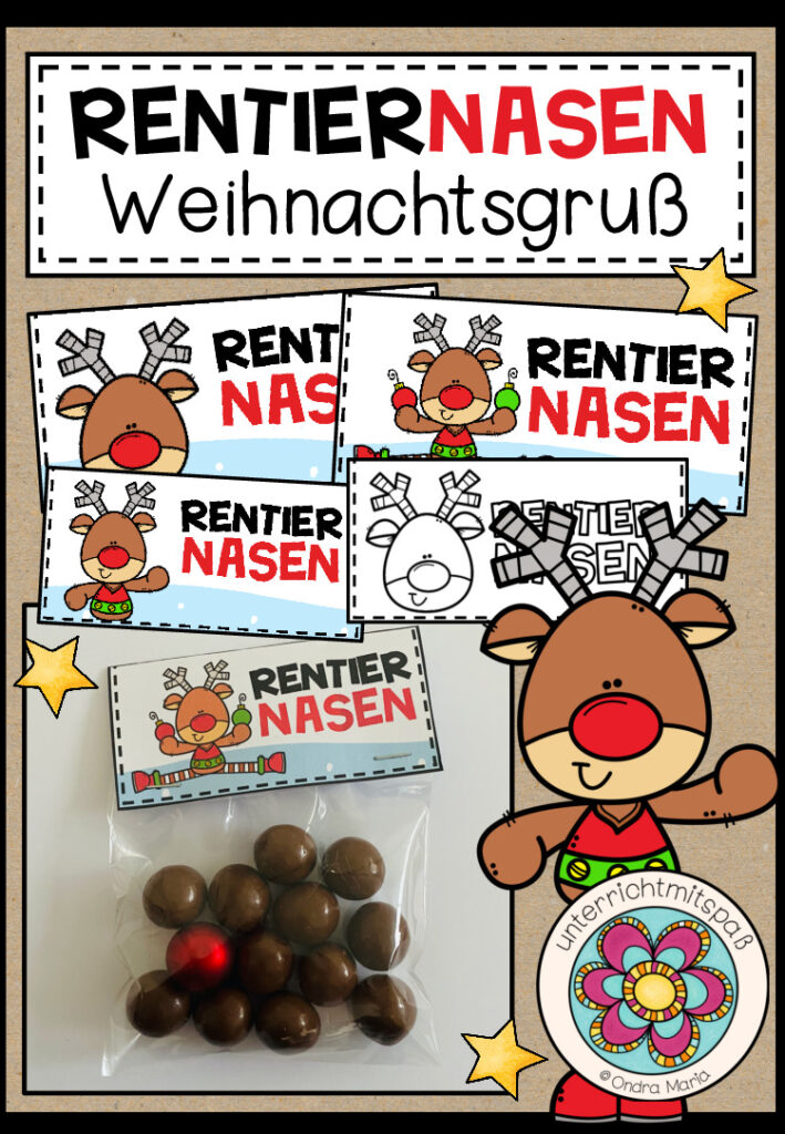 Rentiernasen – Weihnachtsgruß (Bastelvorlage)