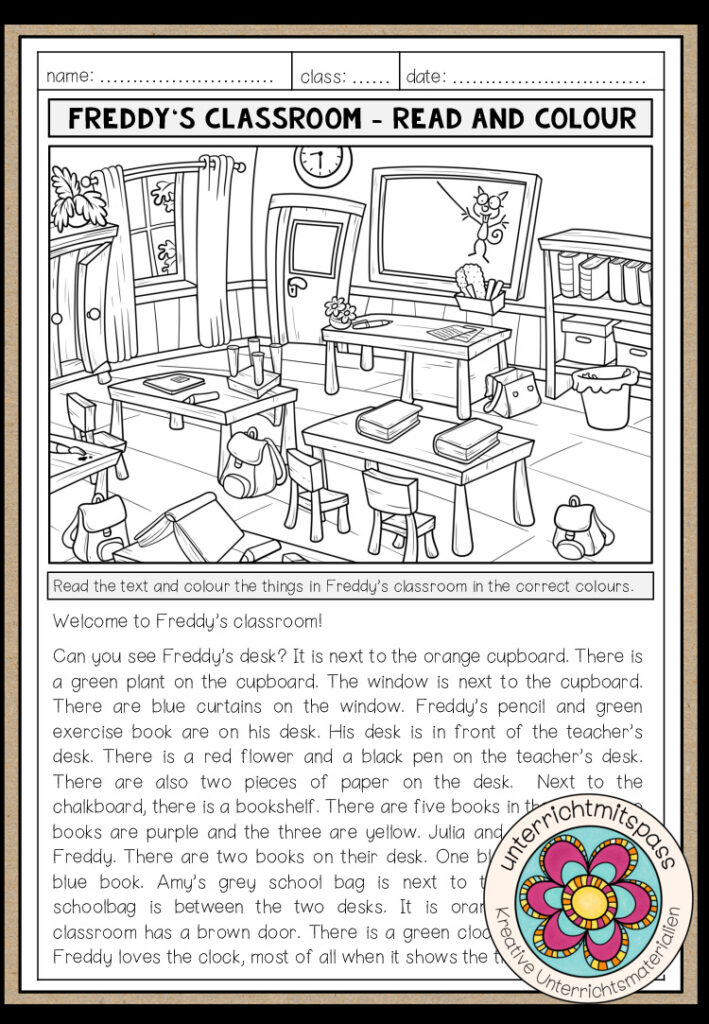 PREPOSITIONS OF PLACE – Read and Colour (Welcome to Freddy’s classroom)