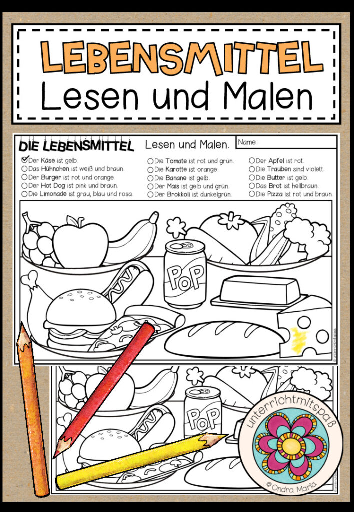 DIE LEBENSMITTEL – Lesen und Malen (2-fach differenziert)