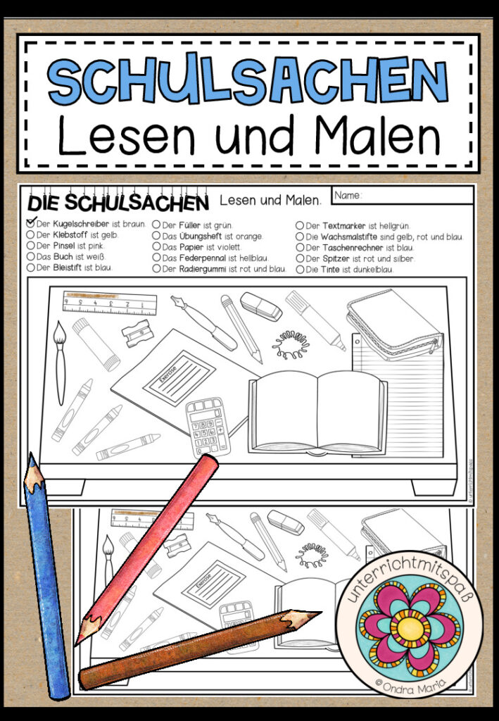 DIE SCHULSACHEN – Lesen und Malen (2-fach differenziert)