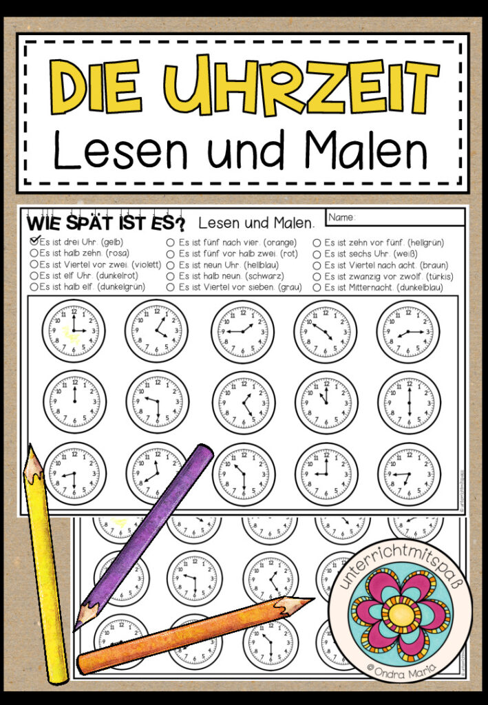 Die Uhrzeit – Lesen und Malen (2-fach differenziert)