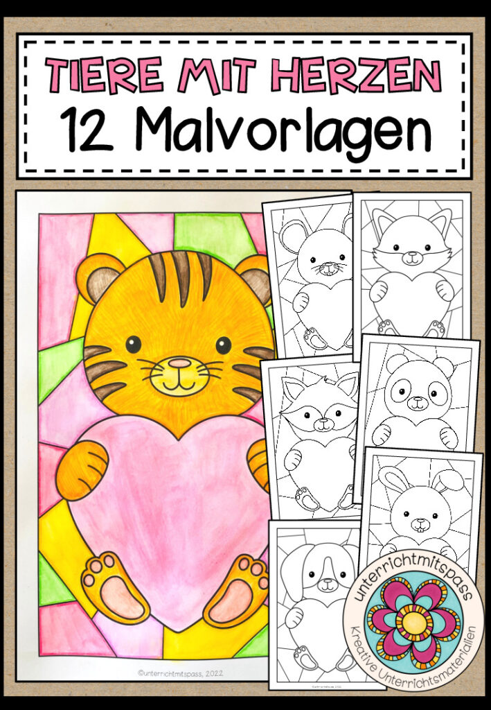 Tiere mit Herzen – 12 Malvorlagen