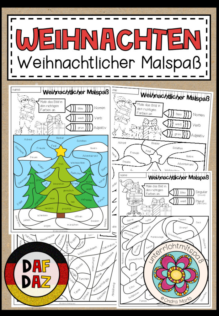 Weihnachtlicher Malspaß – (Artikel, Wortarten, Singular/Plural) DAZ