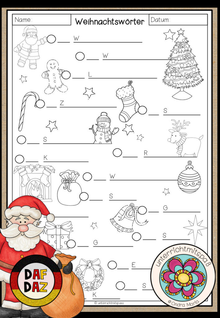 Weihnachtswörter – Arbeitsblatt (3-fach differenziert) DAF/DAZ