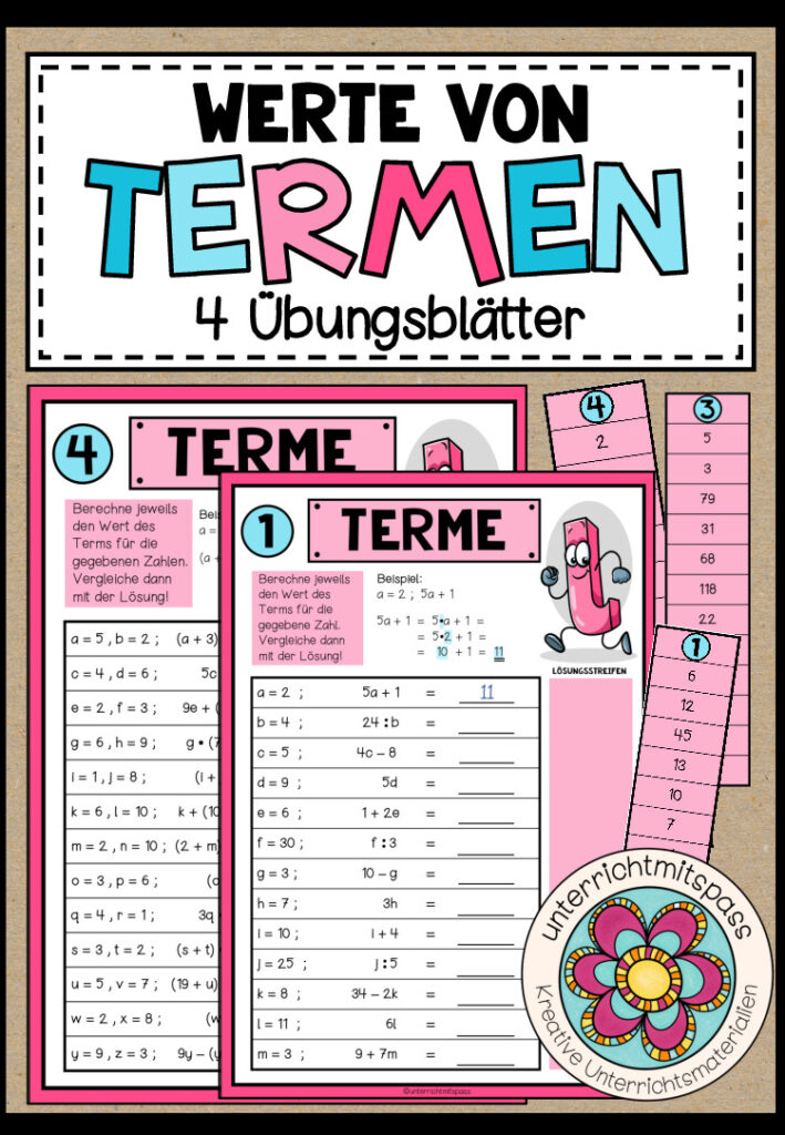 TERME (ohne Potenzen) – Werte von Termen (4 Übungsblätter)