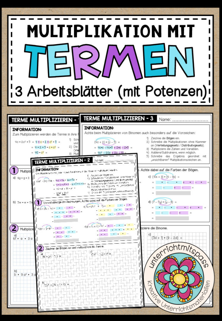 TERME (mit Potenzen) – Multiplikation (3 Arbeitsblätter)