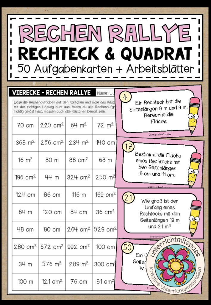 RECHEN RALLYE (Rechteck & Quadrat) – 50 Kärtchen + Arbeitsblätter