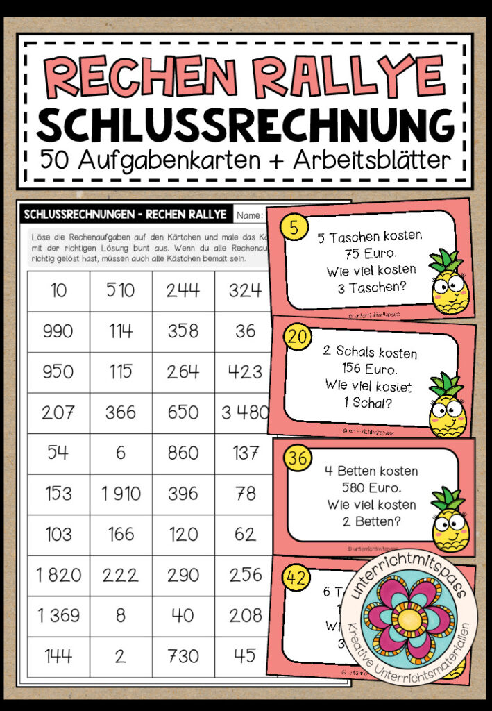 RECHEN RALLYE (Schlussrechnung) – 50 Kärtchen + Arbeitsblätter