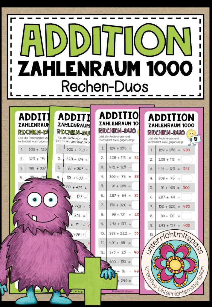 ADDITION (Zahlenraum 1000) – 3 Rechen-Duos