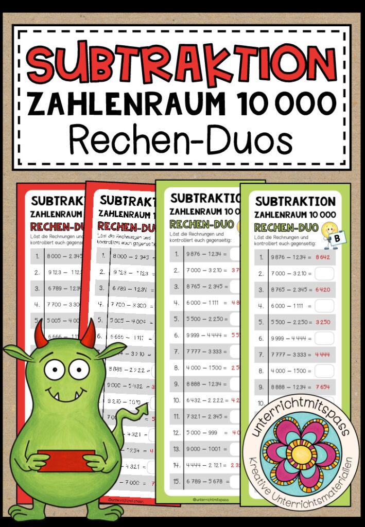 SUBTRAKTION (Zahlenraum 10 000) – 3 Rechen-Duos