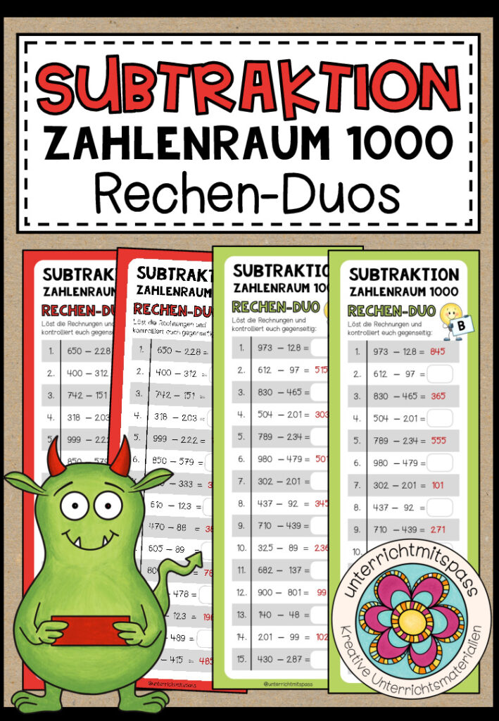 SUBTRAKTION (Zahlenraum 1000) – 3 Rechen-Duos