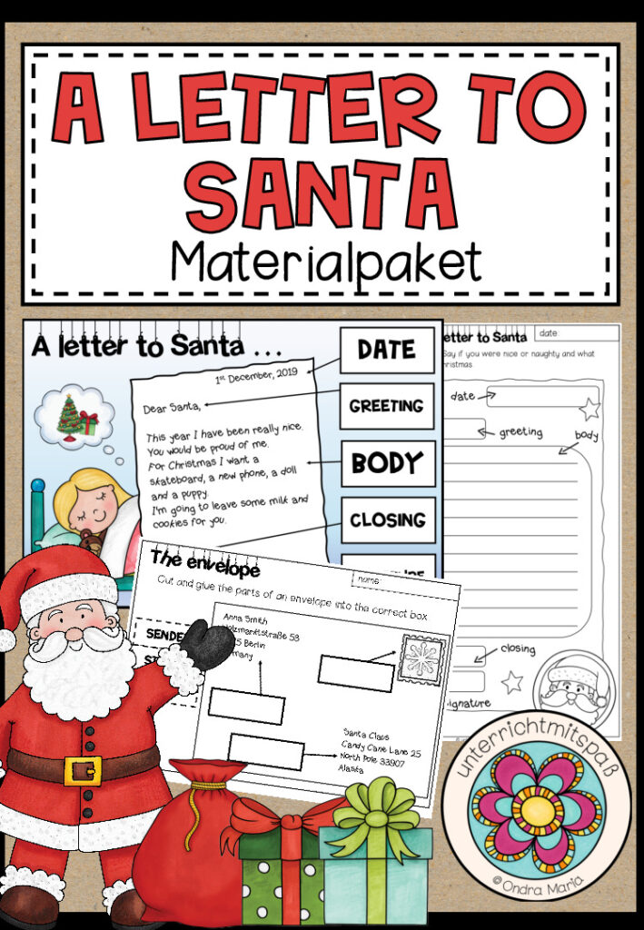 Letter to Santa – Materialpaket (parts of a letter, Tafelbild, Worksheets, Writing 3fach differenziert)