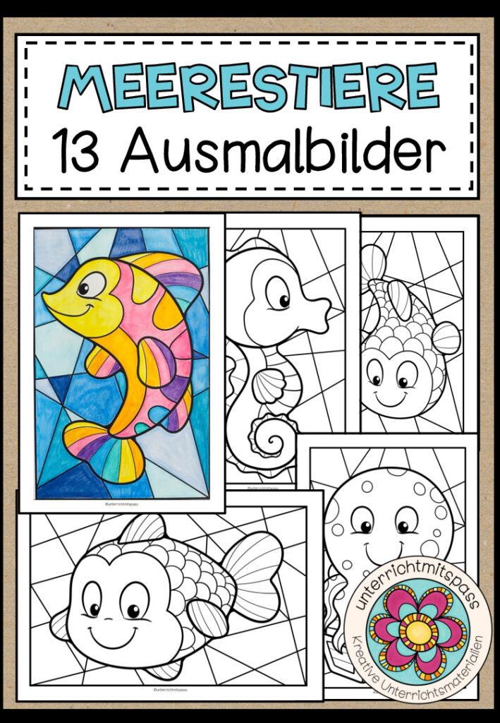 Meerestiere – 13 Ausmalbilder (handgezeichnet)