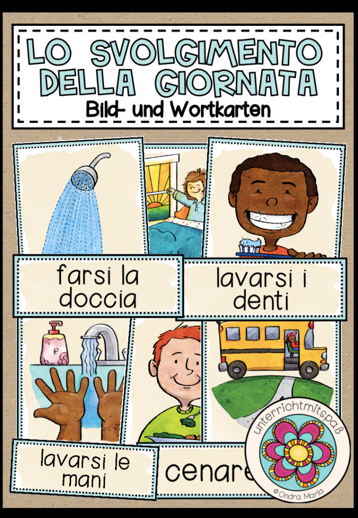 LO SVOLGIMENTO DELLA GIORNATA (Tagesablauf) – Bild- und Wortkarten (Italienisch)