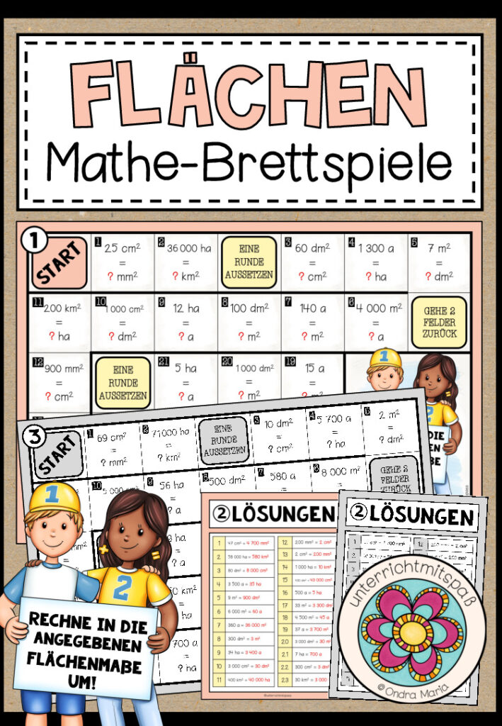 FLÄCHEN (Umrechenaufgaben in N) – 3 Mathe-Brettspiele