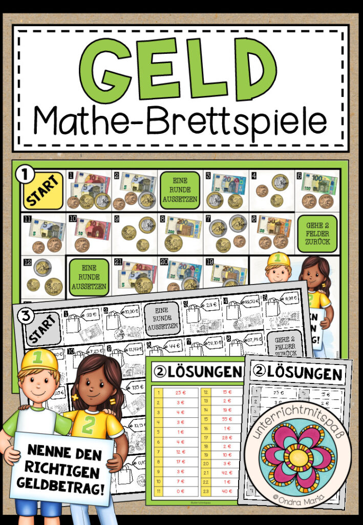 GELD (Rechnen mit Geldbeträgen) – 3 Mathe-Brettspiele