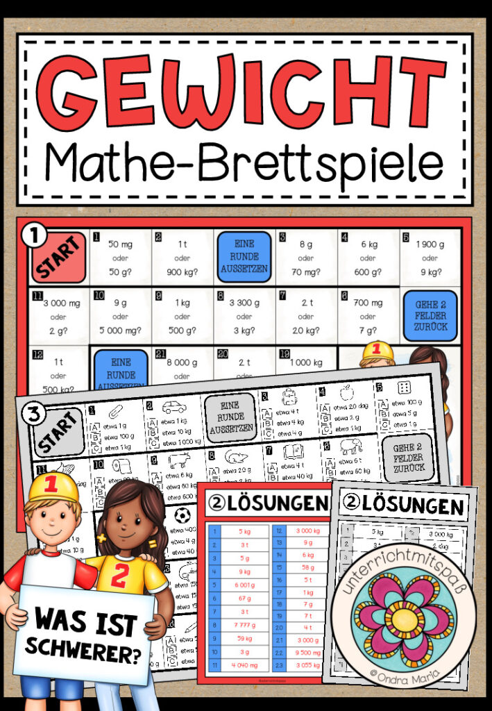 GEWICHT (Massenmaße) – 3 Mathe-Brettspiele