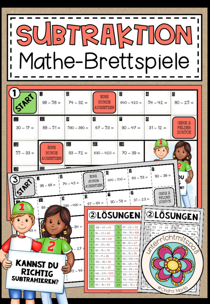 SUBTRAKTION (im Zahlenraum N) – 3 Mathe-Brettspiele