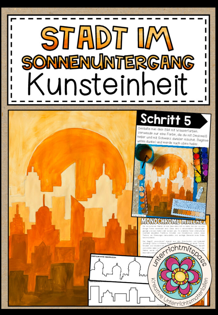 Stadt im Sonnenuntergang (monochrome Malerei) – Kunstprojekt (fertig geplante Kunststunde)