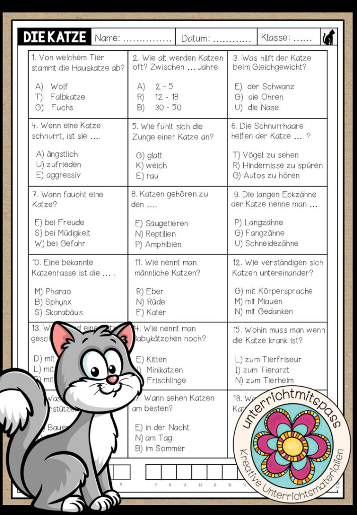 DIE KATZE – Quiz Arbeitsblatt