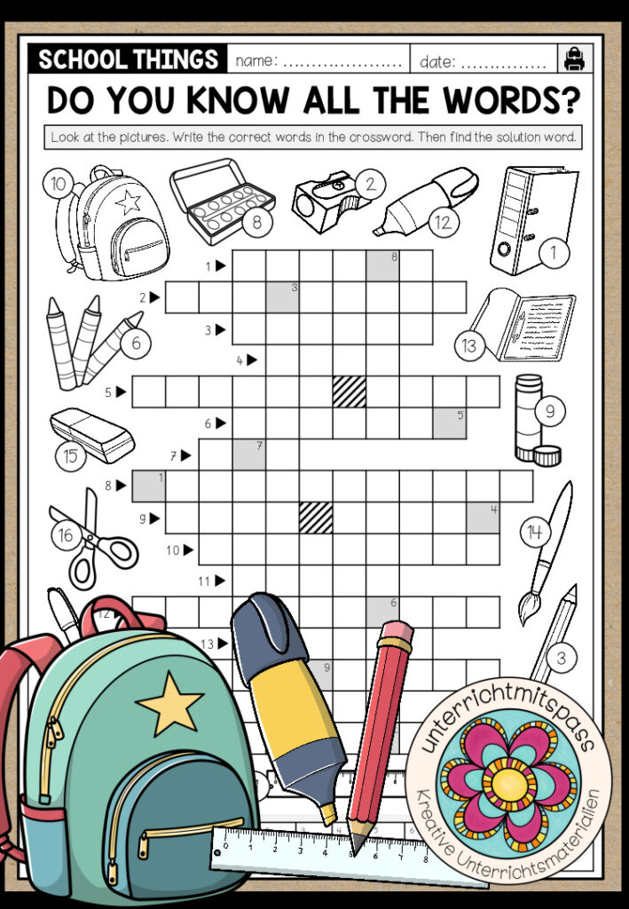 SCHOOL THINGS – Crossword (Worksheet)
