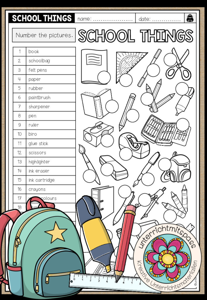 SCHOOL THINGS – Vocabulary Worksheet (3-fach differenziert)