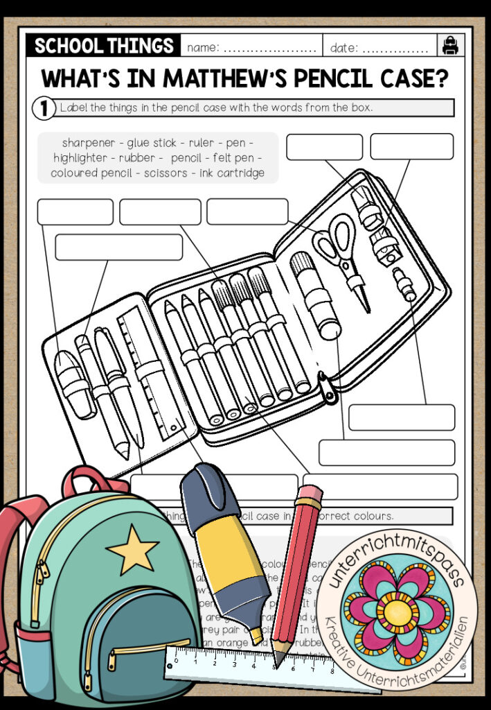 SCHOOL THINGS – What’s in Matthew’s pencil case? (2-fach differenziertes Worksheet)