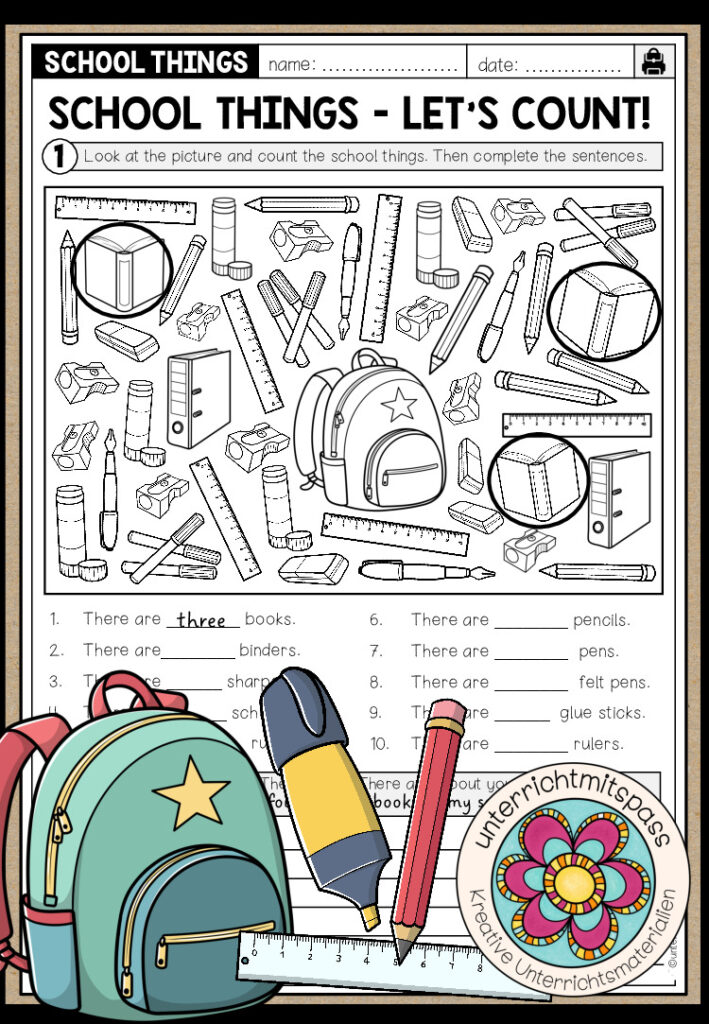 SCHOOL THINGS – Let’s count! (Worksheet)