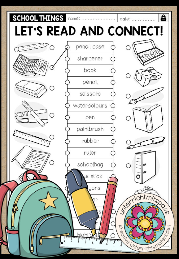 SCHOOL THINGS – Read and Connect! (Worksheet)