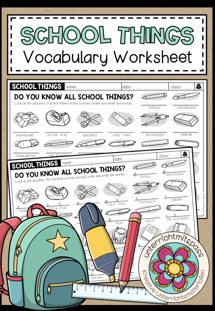 SCHOOL THINGS – Unscrambling Words (Worksheet)