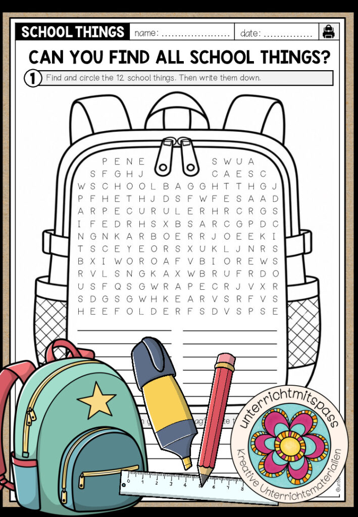 SCHOOL THINGS – Word Search (Worksheet)