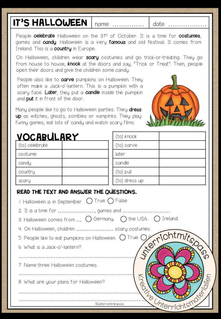 IT’S HALLOWEEN – Reading Comprehension (für die 5. Schulstufe)