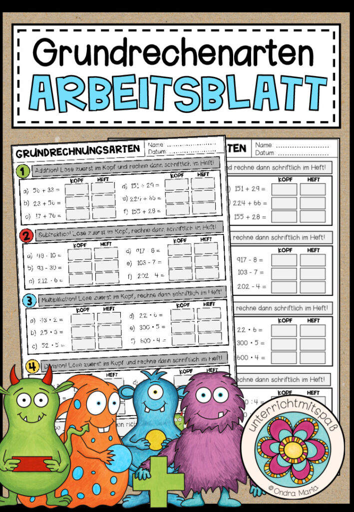 GRUNDRECHENARTEN – Arbeitsblatt (gemischte Aufgaben für die 4./5. Schulstufe)