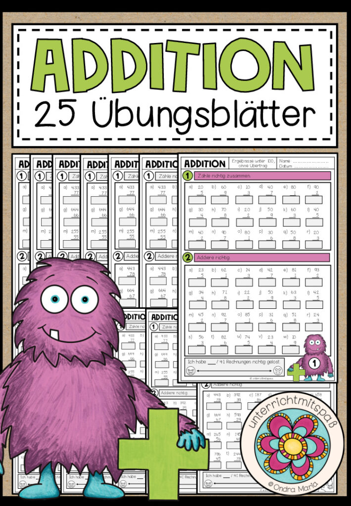 ADDITION – 25 Arbeitsblätter (differenziert mit und ohne Übertrag)