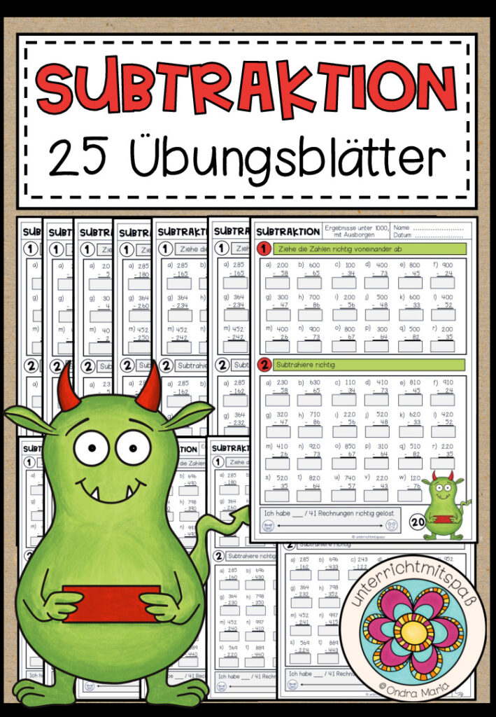 SUBTRAKTION – 25 Arbeitsblätter (differenziert mit und ohne Ausborgen)
