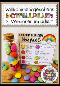 Willkommensgeschenk / Willkommensgruß für den Schulanfang – Notfallpillen (Schokolinsen)