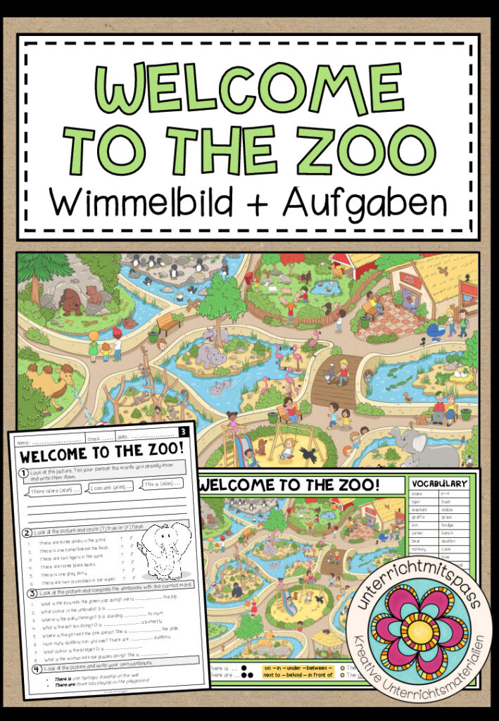 AT THE ZOO – Wimmelbild + Aufgaben (Englisch 3.-5. Schulstufe)