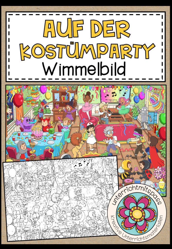 AUF DER KOSTÜMPARTY – Wimmelbild + Arbeitsblätter (für alle Sprachen geeignet)