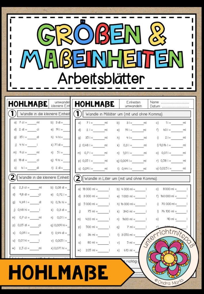 GRÖßEN UND MAßEINHEITEN – Hohlmaße (Arbeitsblätter)