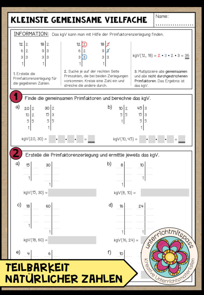 kgV (kleinste gemeinsame Vielfache) – Arbeitsblatt