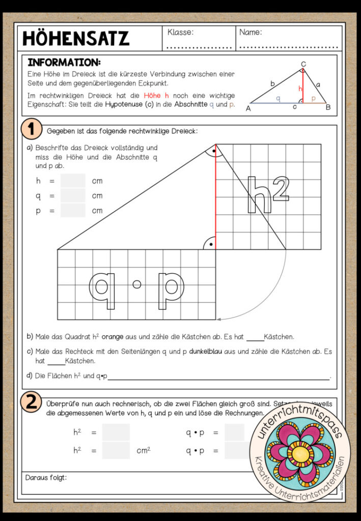 HÖHENSATZ (Satzgruppe des Pythagoras) – Arbeitsblatt