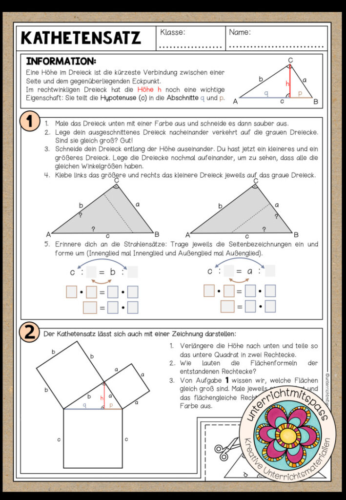 KATHETENSATZ (Satzgruppe des Pythagoras) – Arbeitsblatt