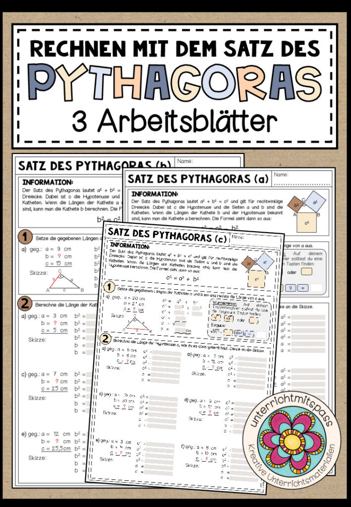 RECHNEN MIT DEM SATZ DES PYTHAGORAS – 3 Arbeitsblätter