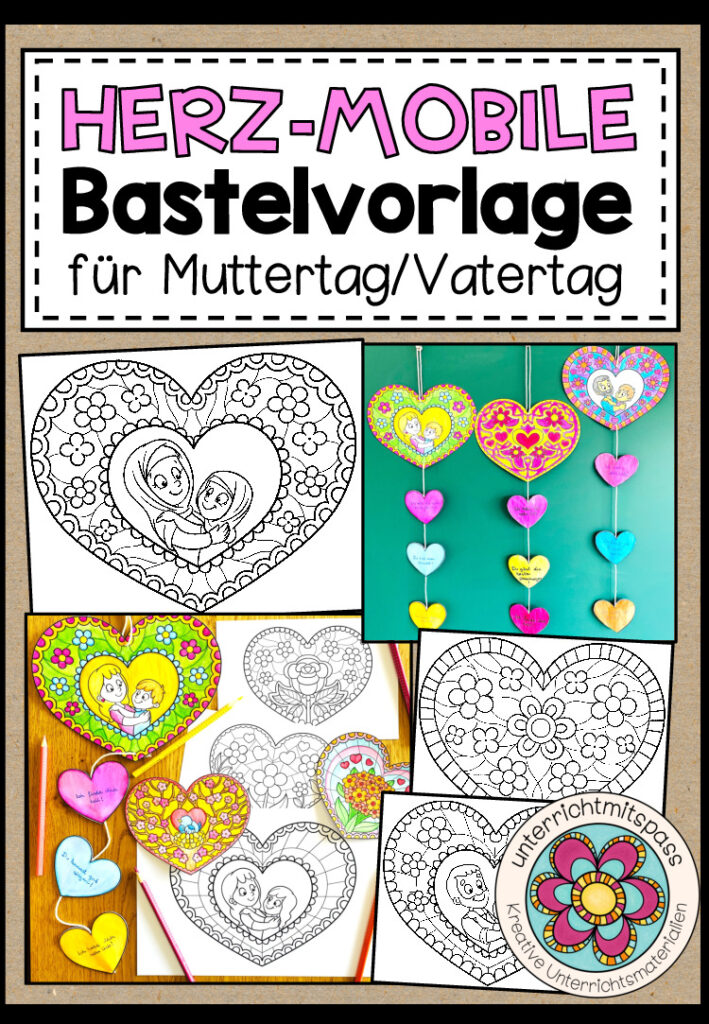 Herz-Mobile – Bastelvorlage für den Muttertag / Vatertag