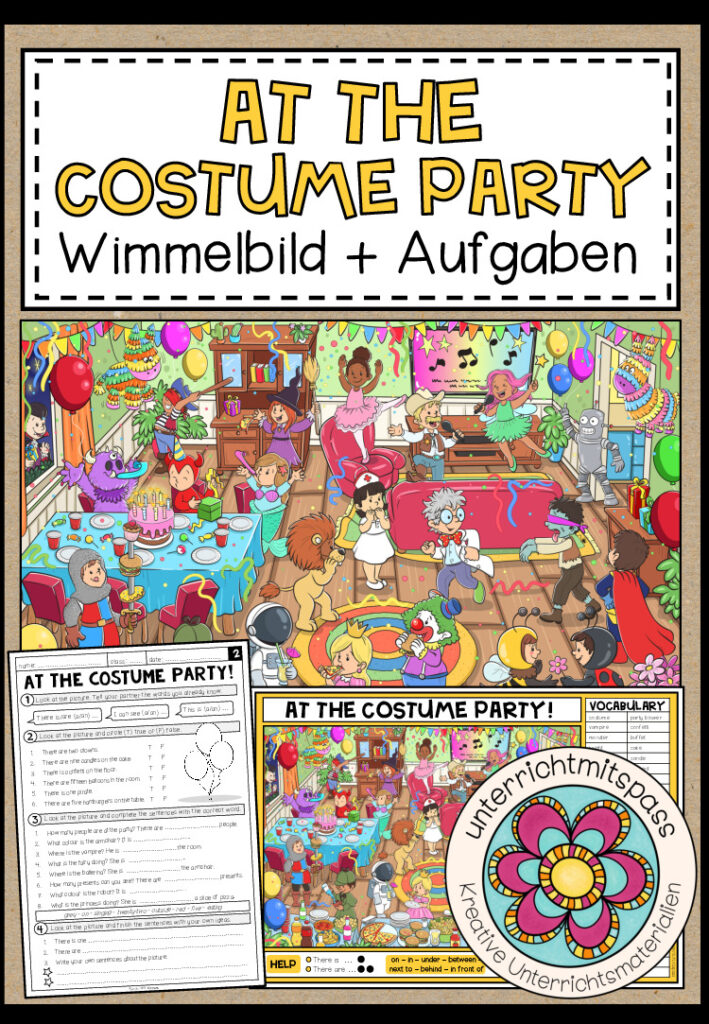 AT THE COSTUME PARTY – Wimmelbild + Aufgaben (Englisch 3.-5. Schulstufe)