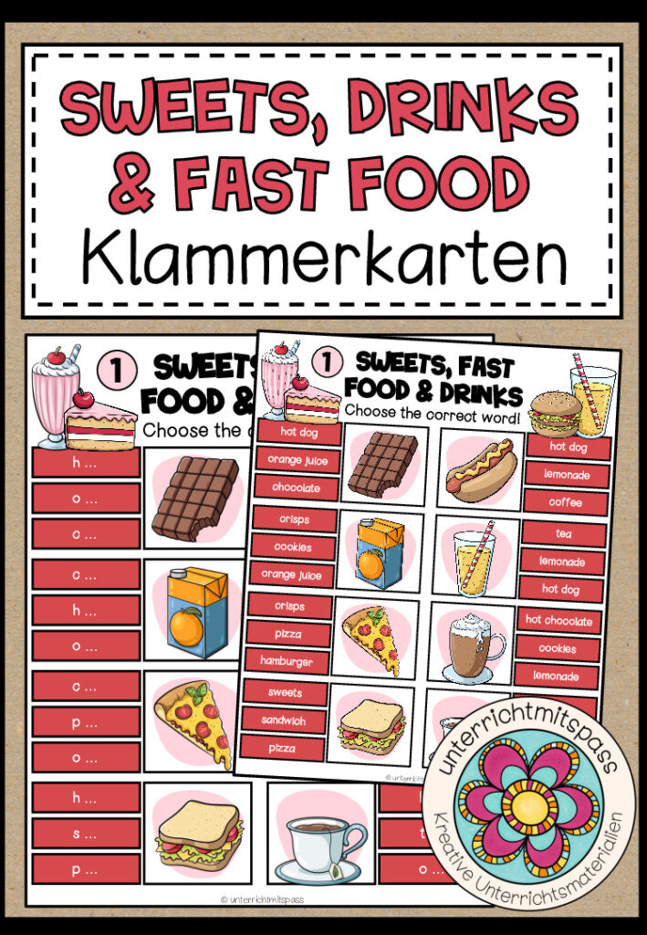Fast Food, Drinks & Sweets – Klammerkarten (2-fach differenziert)