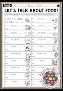 Let’s talk about food! – Worksheet (Fragen & Kurzantworten mit DO und DOES)