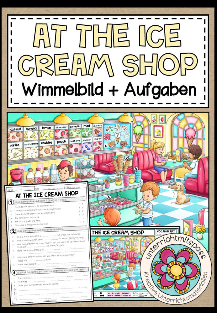 AT THE ICE CREAM SHOP – Wimmelbild + Aufgaben (Englisch 3.-5. Schulstufe)