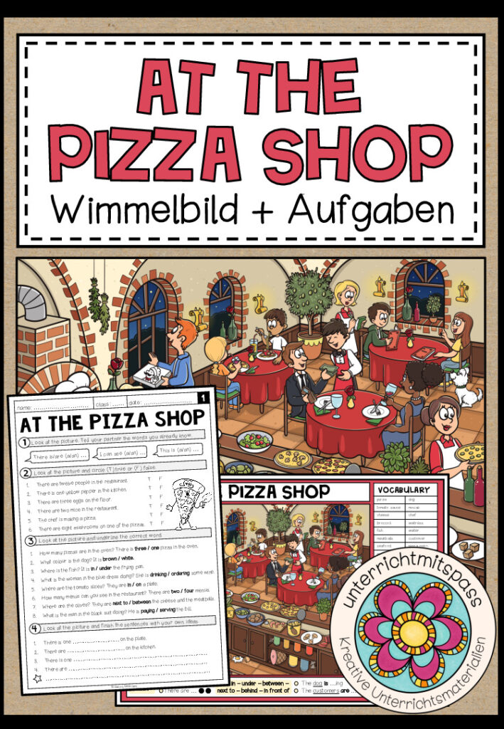 AT THE PIZZA SHOP – Wimmelbild + Aufgaben (Englisch 3.-5. Schulstufe)