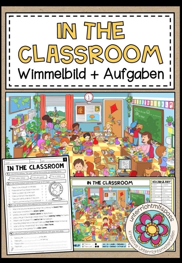 IN THE CLASSROOM – Wimmelbild + Aufgaben (Englisch 3.-5. Schulstufe)